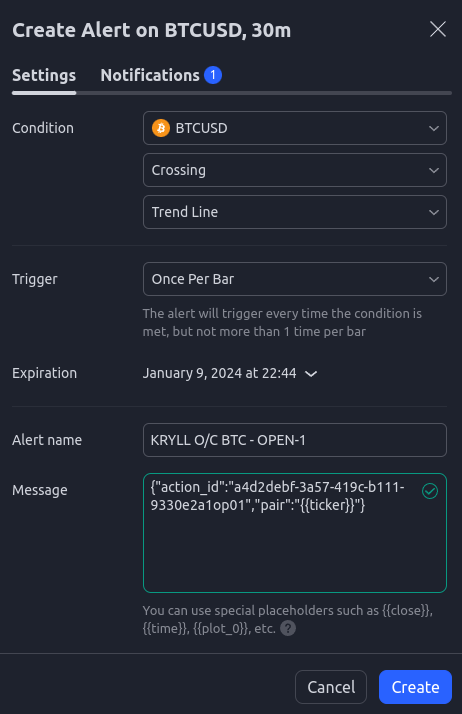 Tradingview alert configuration for webhook Kryll