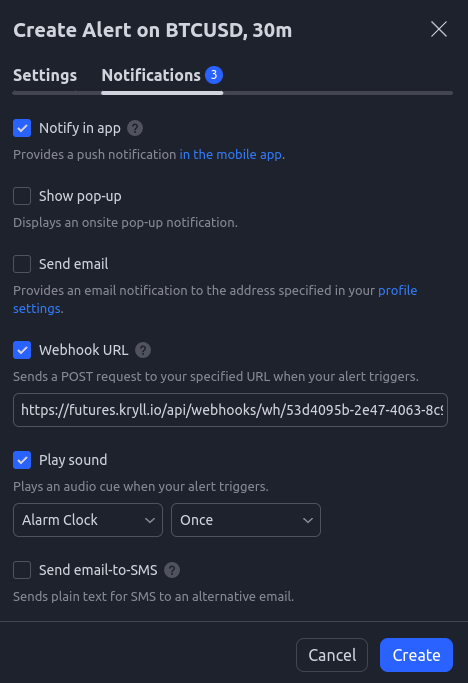 Tradingview alert configuration for webhook Kryll